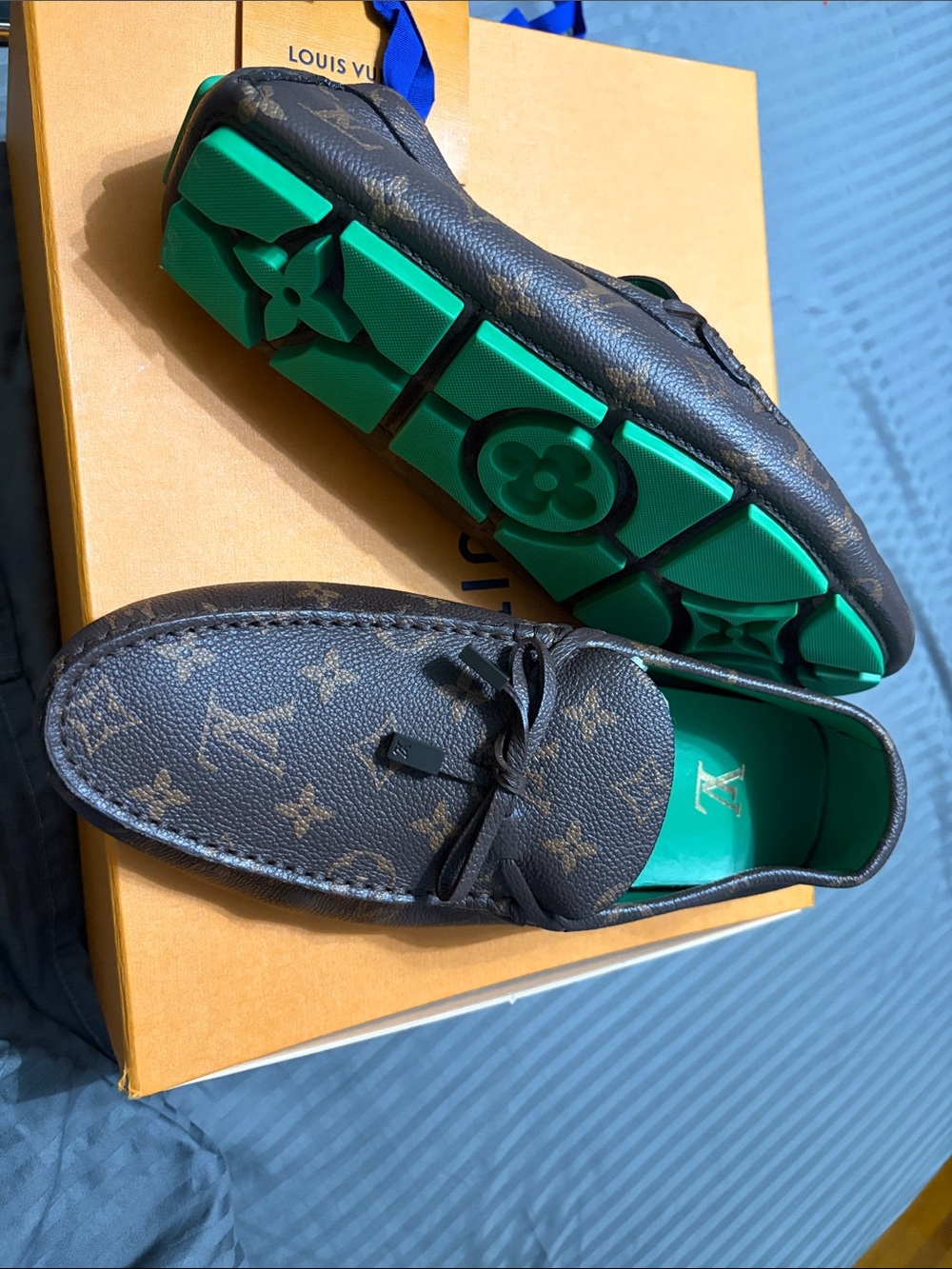 Louis Vuitton Brown Monogram Driving Loafers with Green Soles